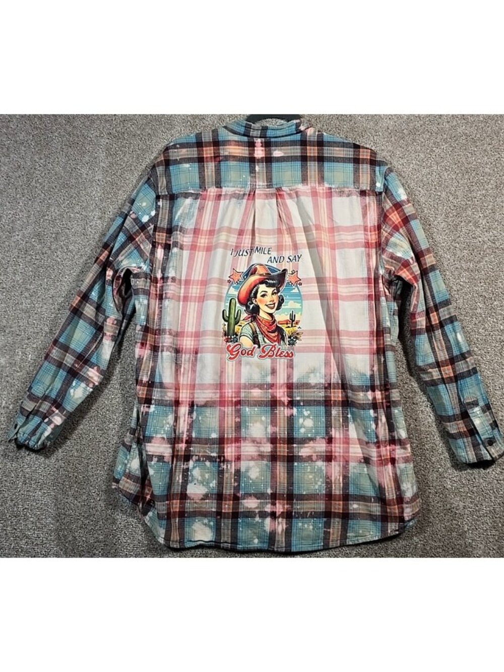 OOAK Upcycled Flannel Shacket Shirt Sarcastic Humor Smile Say God Bless XL